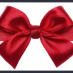 A red satin ribbon tied in a bow on a white card with a dark border