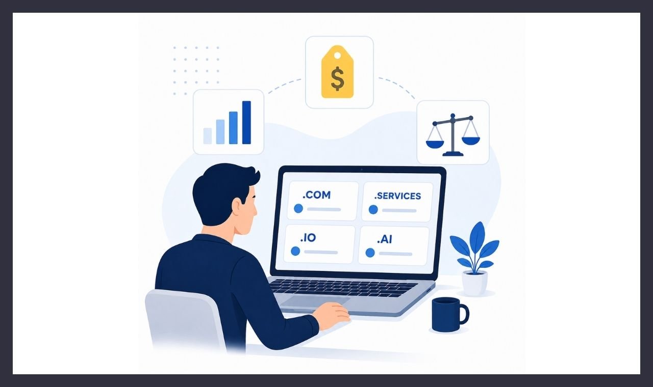 Comparison of top-level domain endings including dot com, dot llc, dot services, and dot realtor